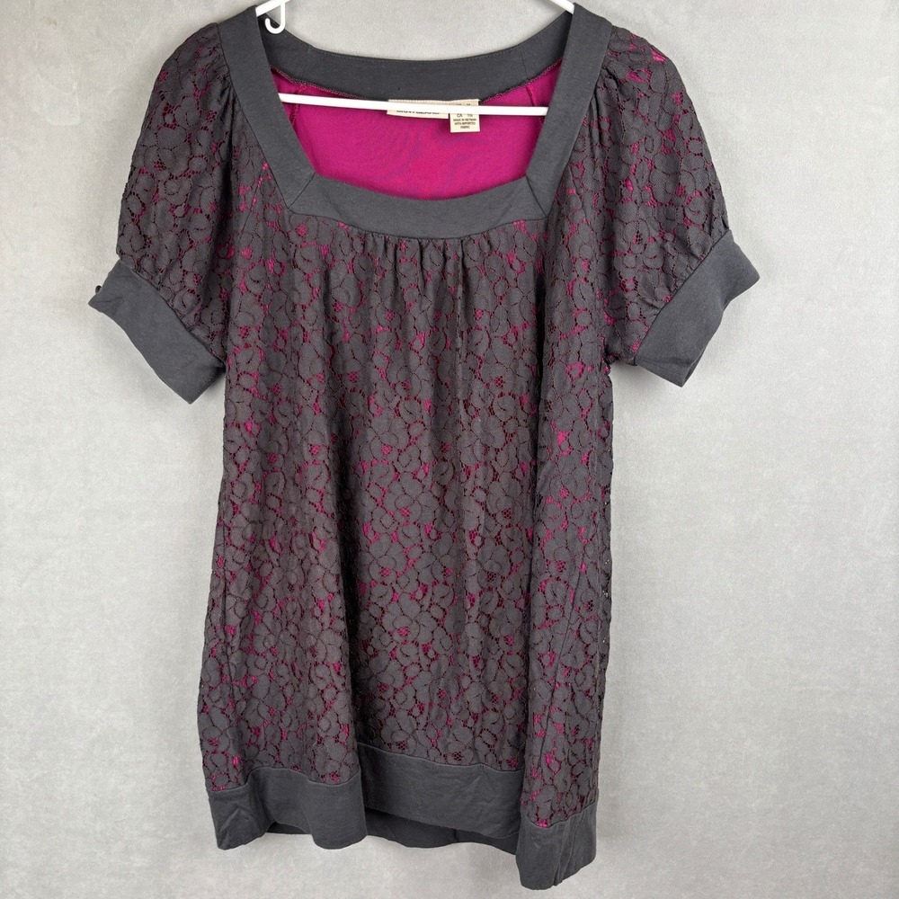DKNY Jeans XL Grey Magenta Pink Floral Lace Square Neck Coquette Y2K Goth Top